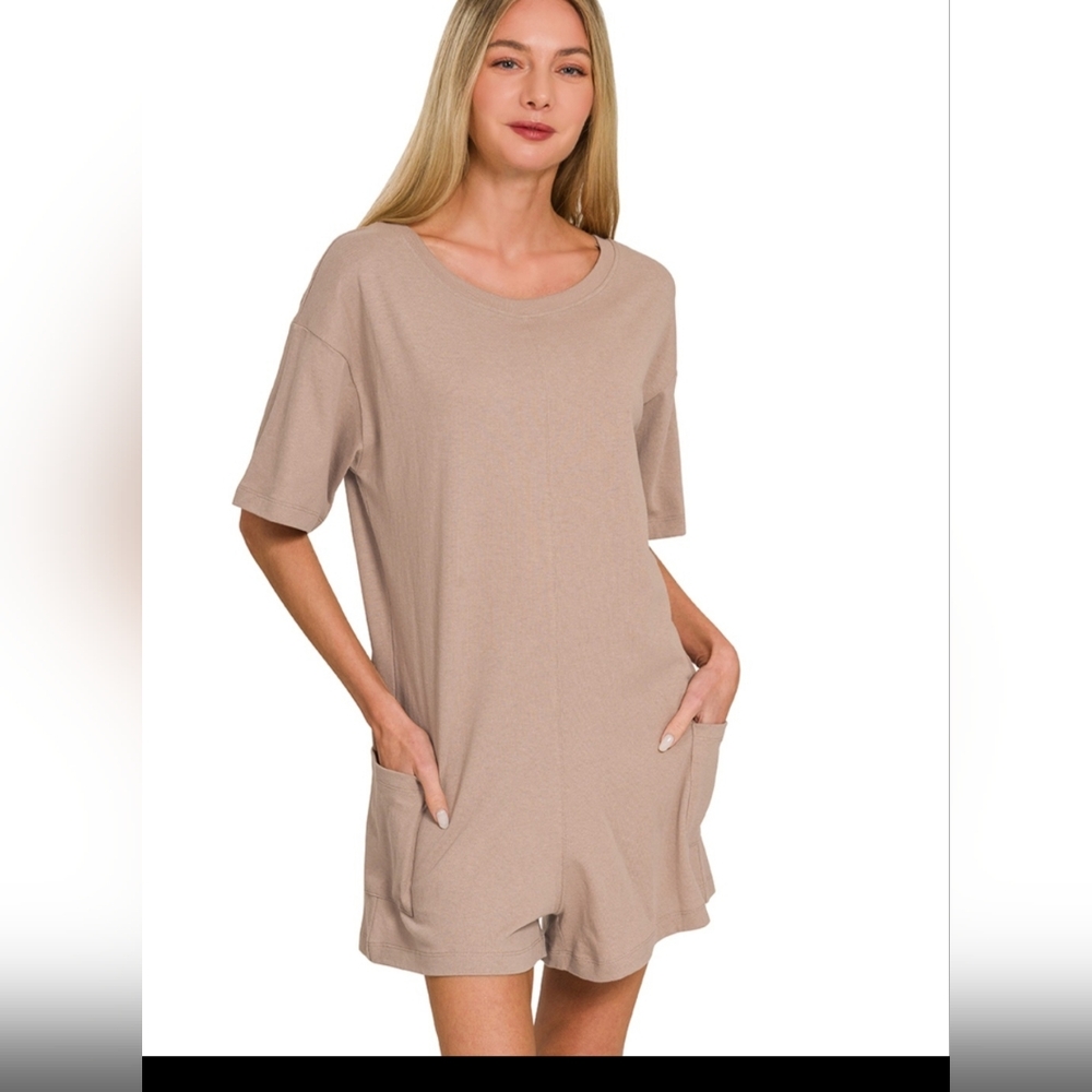 103 NWT Zenana Beige V or Scoop Neck Reversible 2 Way Romper Pockets Sm Md Lg - Picture 2 of 8